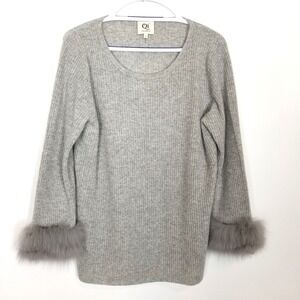 QI Cashmere Women Cashmere Ribbed Knit Sweater Sz L Gray Faux Fur Cuff Crew